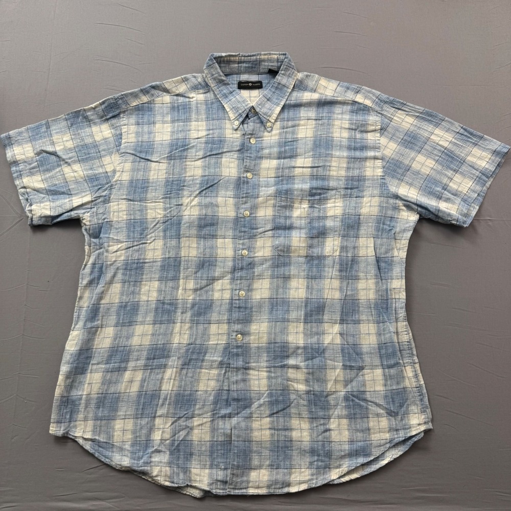 Cotton Traders Mens XXL Blue White Plaid Linen Cotton Short Sleeve Button Down